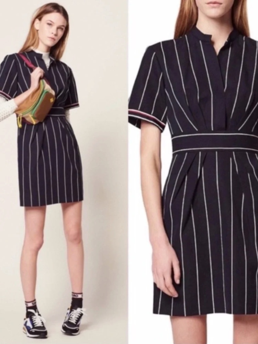 Sandro Paris Francine Dress EU36 US4 Navy Blue Pinstripe Cotton Linen Blend